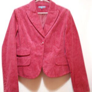 Damask Print Long Sleeve Blazer in Fuchsia. One Button Lapel. V-Neck.